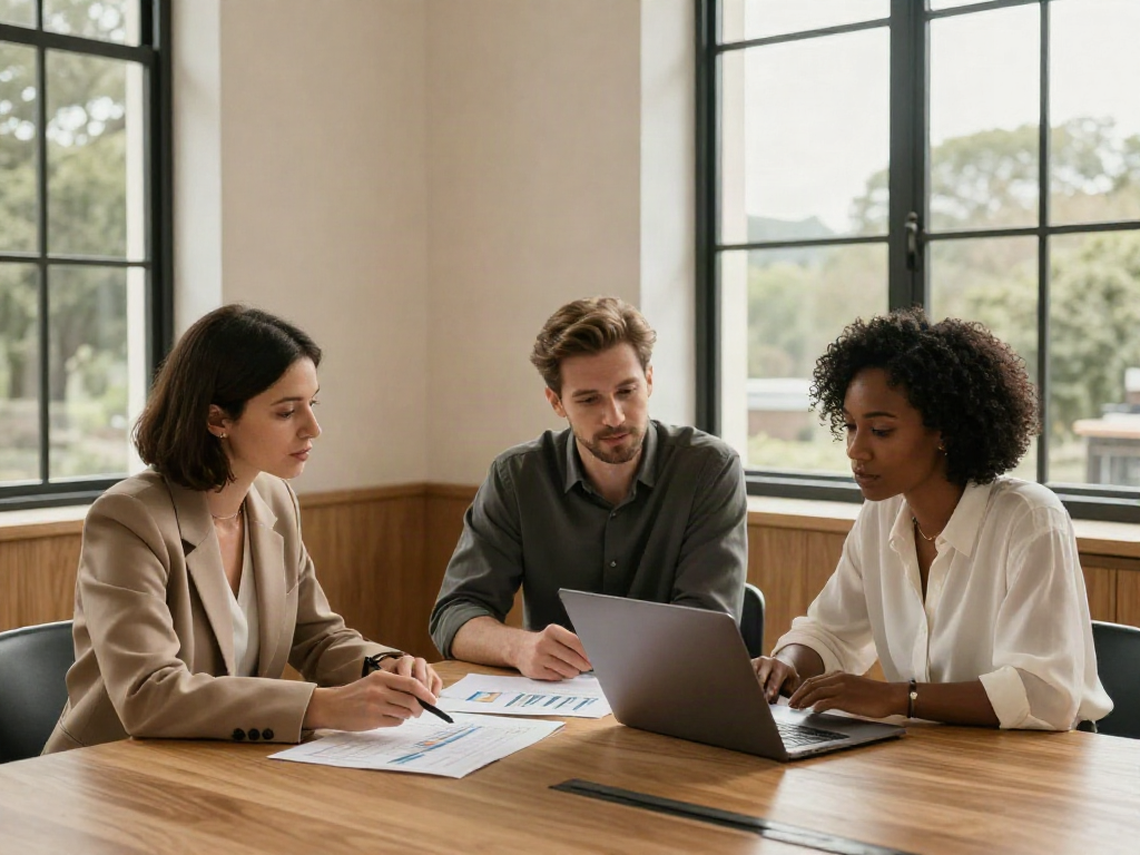 Professionals discussing business data and strategic priorities around a meeting table